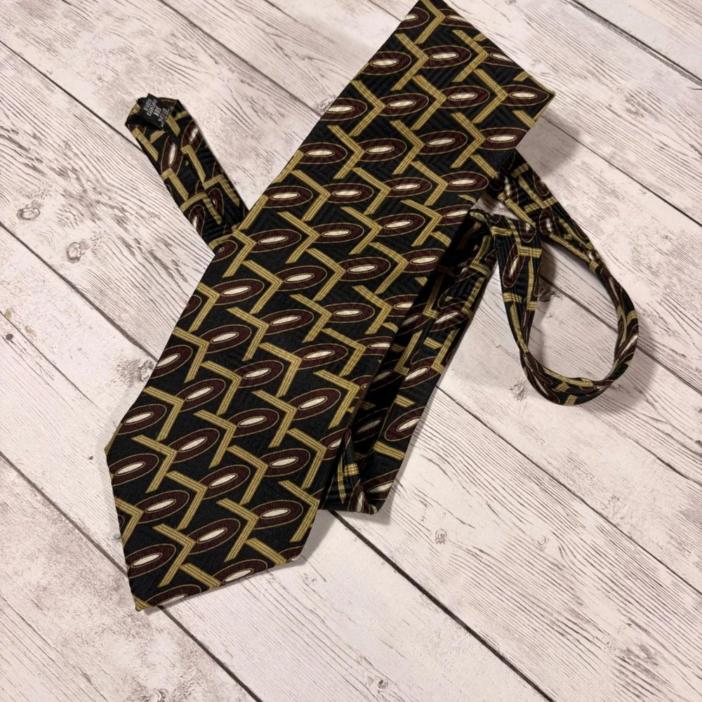 Woodward Mens Silk Necktie Geometric Abstract Gold Burgundy Black Costa Rica